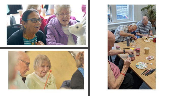 Three photos. One showing a group of men making clay models. Another with an older man and an older woman during a music session. The woman is holding a drumstick. The third photo is of two women enjoying a puppet show with a puppet hare.
