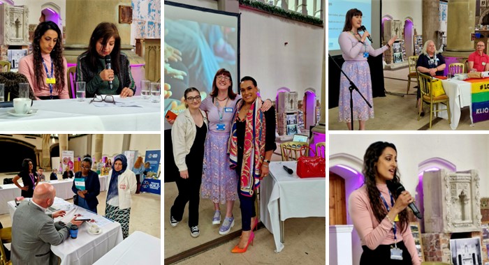 A montage of photos from the event. Top left - Jag Brar-Orgill with Karan Jutlla. Top right - Daithi Clayton and John Hammond. Middle - Patrick, Sarah and Poppy. Bottom right - Karan Jutlla. Bottom left - stall at the event with two women talking to man sitting behind a stall.