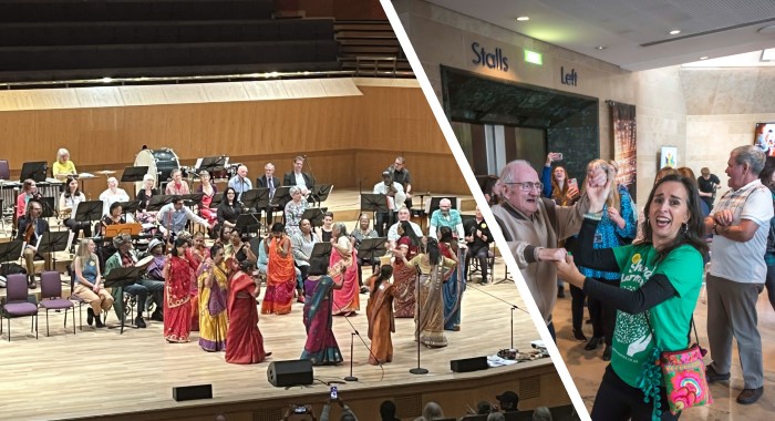 The photo on the left shows an orchestra with a group of women in front wearing saris and the photo on the right shows people dancing in the foyer of the theatre