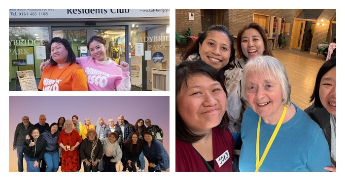 Photo top showing from L to R: Joey Yeo Jiayang, Geriatric Nurse Clinician, Tan Tock Seng Hospital, Singapore and Ng Wan Ring, Geriatric Medicine Advanced Practice Nurse, Tan Tock Seng Hospital, Singapore wearing Dementia Disco T shirts Photo bottom left showing Back row: Jeff Seneviratne, Dementia Carers Expert Reference Group; Paul Smithies, Dementia Carers Expert Reference Group; Kim Hughes, Dementia Carers Expert Reference Group; Helen Pratt, Project Manager, Dementia United; Ann Booth, Dementia Carers Expert Reference Group; Amal Morsi, Project Manager, Dementia United; Pat O’Doherty, Dementia Carers Expert Reference Group; John O’Doherty, Living with Dementia Group; Jagdish Brar-Orgill, Dementia Carers Expert Reference Group; Leah Payne, Dementia Carers Expert Reference Group. Front row: Siti Norwani Binte Mohamed Hussain, Senior Occupational Therapist, Tan Tock Seng Hospital; Jun Pei, Geriatric Medicine Consultant, Tan Tock Seng Hospital; Ruth Turner, Dementia Carers Expert Reference Group; Marion Coleman Dementia Carers Expert Reference Group; Ng Wan Ring, Geriatric Medicine Advanced Practice Nurse, Tan Tock Seng Hospital; Kellie Leatherbarrow, Dementia Carers Expert Reference Group; Joey Yeo Jiayang, Geriatric Nurse Clinician, Tan Tock Seng Hospital. Photo bottom right showing From L to R: Joey Yeo Jiayang, Geriatric Nurse Clinician, Tan Tock Seng Hospital, Singapore; Siti Norwani Binte Mohamed Hussain, Senior Occupational Therapist, Tan Tock Seng Hospital, Singapore; Ng Wan Ring, Geriatric Medicine Advanced Practice Nurse, Tan Tock Seng Hospital, Singapore; Carol Bodey, Together Dementia Support volunteer; Dr Lim Jun Pei, Consultant, Geriatric Medicine, Tan Tock Seng Hospital, Singapore.