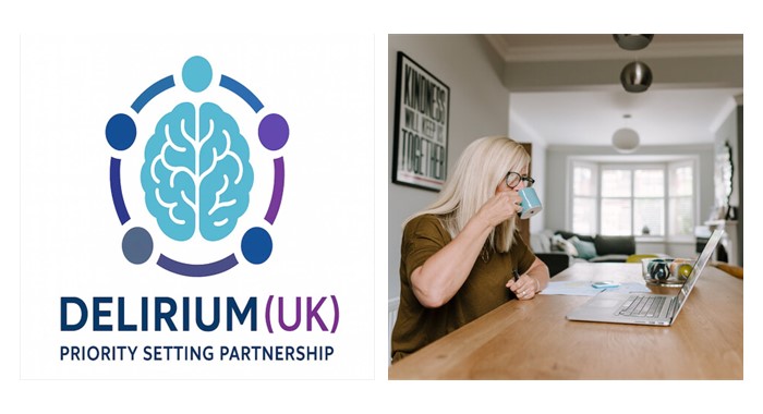 Delirium UK logo with a photo of a woman sitting with her laptop