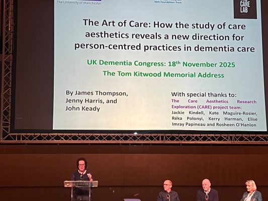 Jenny Harris speaking, Prof James Thompson, Prof John Keady, Suzanne Mumford (chair)